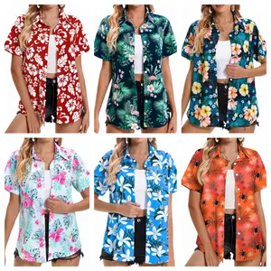 Women's Oversized Shortsleeve Button-Down Hawaiian Blouse - Womenswear, Breathable 4-Way Stretch Tropical Floral Beach Vacation Aloha Resort Top