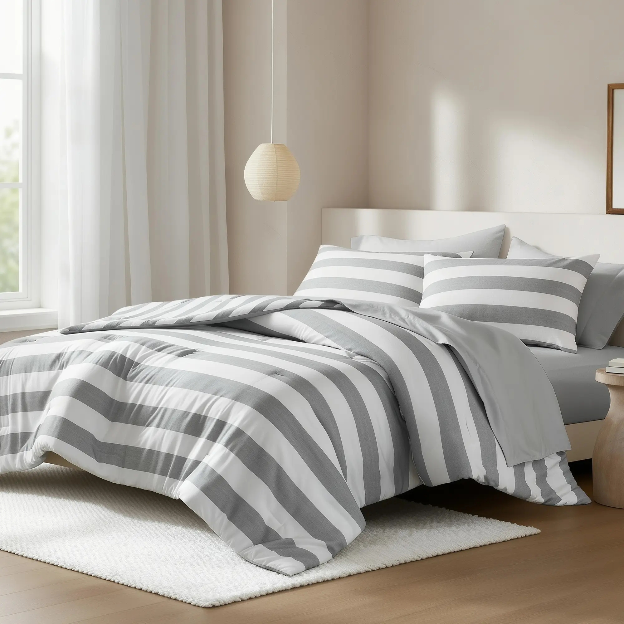 Bed Comforter Set - Stripe Textured Print, Cozy Sleep Bedding, Modern Aesthetic Versatile Bed Sets