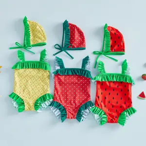 Toddler Baby Girl Swimsuits Cute Fashionable Watermelon Dot Sleeveless Ruffle Jumpsuit with Hat 2Pcs Swimwear