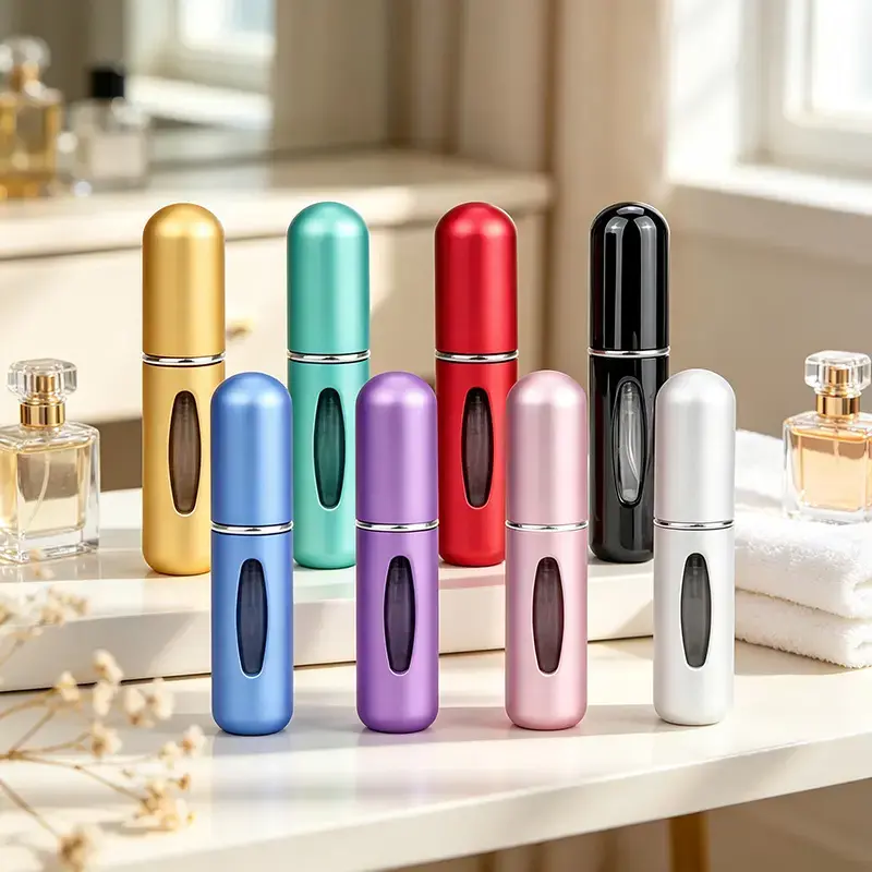 8Pcs 5mL Refillable Perfume Atomizer Bottles - Compact Travel Spray Vials with Tin Storage Case for Home Organization
