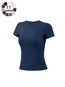 Women's Fitted Workout T-Shirt, Solid Color Tummy Control Four Way Stretch Buttery Soft Cool Touch Breathable Moisture Wicking Quick Dry Gym Tee for Yoga Running Daily Fitness Top