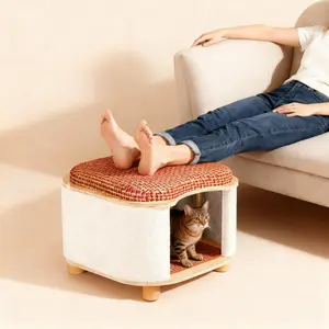 Footstool,Cat Bed for Indoor Cats – Wooden Cat House with Scratching Pad, Multi-Functional Cat Furniture & Hideaway Stool, Durable Wooden Cat Cabinet Cottage for Kittens