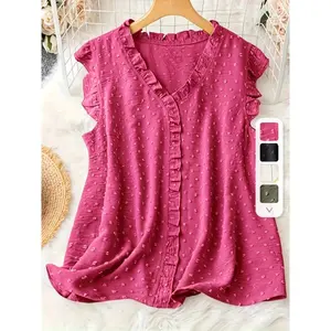 Women'S Plus Size Sleeveless Blouse - Elegant V-Neck with 3D Dot Lace Trim, Polka Dot Pattern, Ruffled Detail, Polyester, Perfect for Casual or Formal Occasions, Casual Wear Blouses | Polka Dot Design | Delicate Lace Detailing