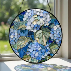 Blue Hydrangea Stained Glass Suncatcher, Wildflower Floral Window Hanging, Vintage Aesthetic Sun Catcher, Garden Decor Gift for Home, Botanical Window Art