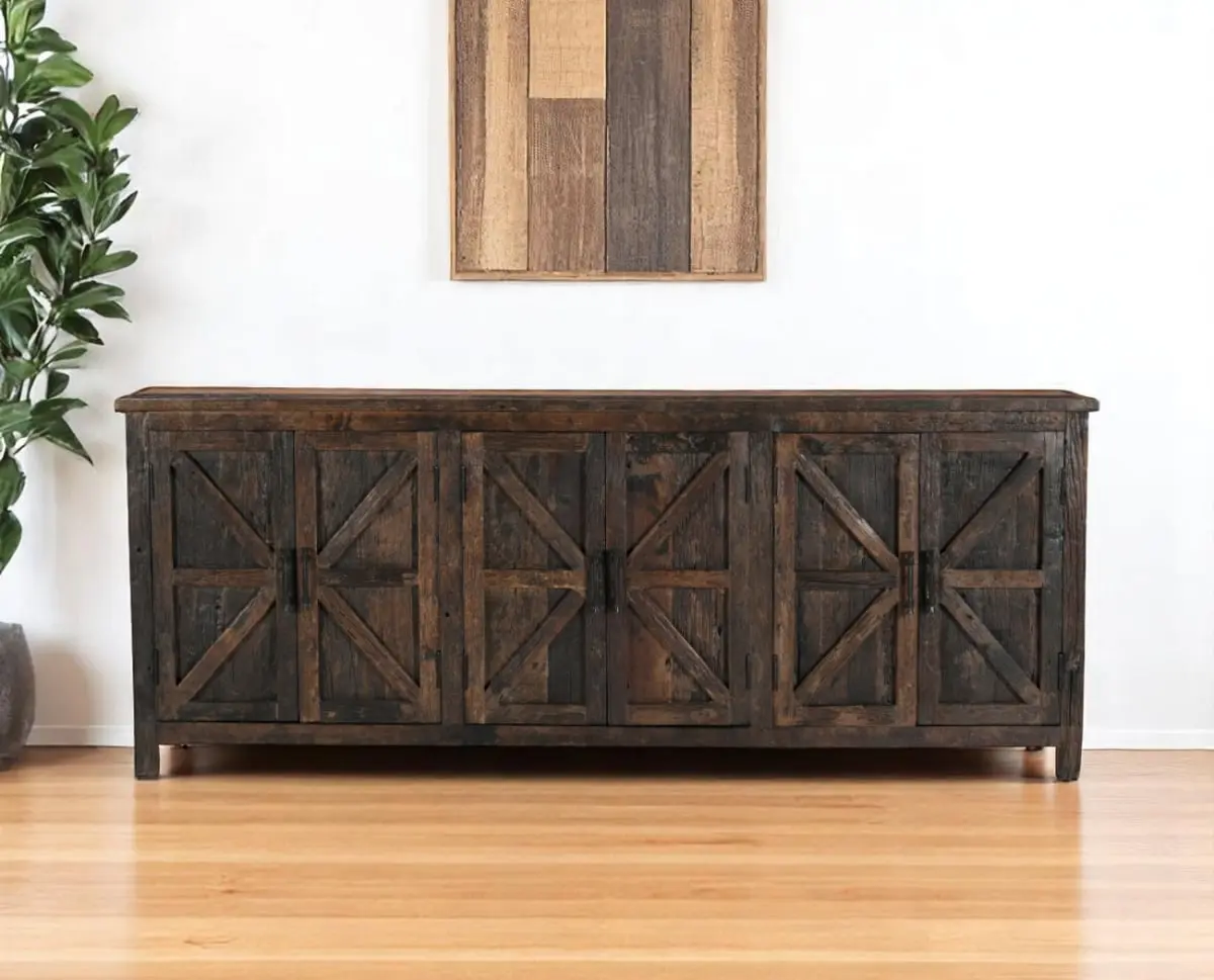 212 MAIN 33x84x16 in. Dark Brown Distressed Reclaimed Wood Paneled Buffet Cabinet Sideboard, Kitchen Sideboard Furniture with 6 Doors
