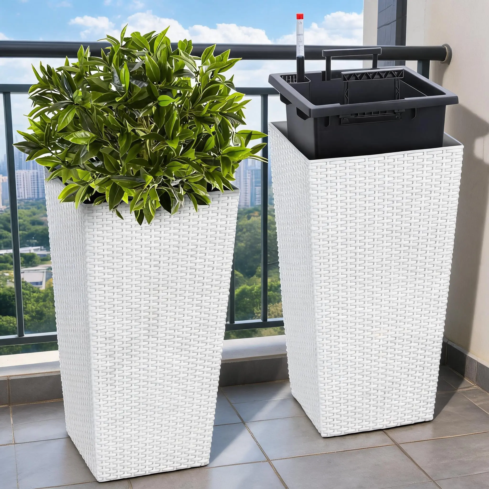 GARVEE Self-Watering Tall Wicker Planter Set – 22.5" & 24" Large Heavy Duty Outdoor Flower Pots with Drainage – Modern Design for Patio, Porch, Garden, Front Door, Indoor & Herb Garden Decor – Durable, Effortless Plant Care