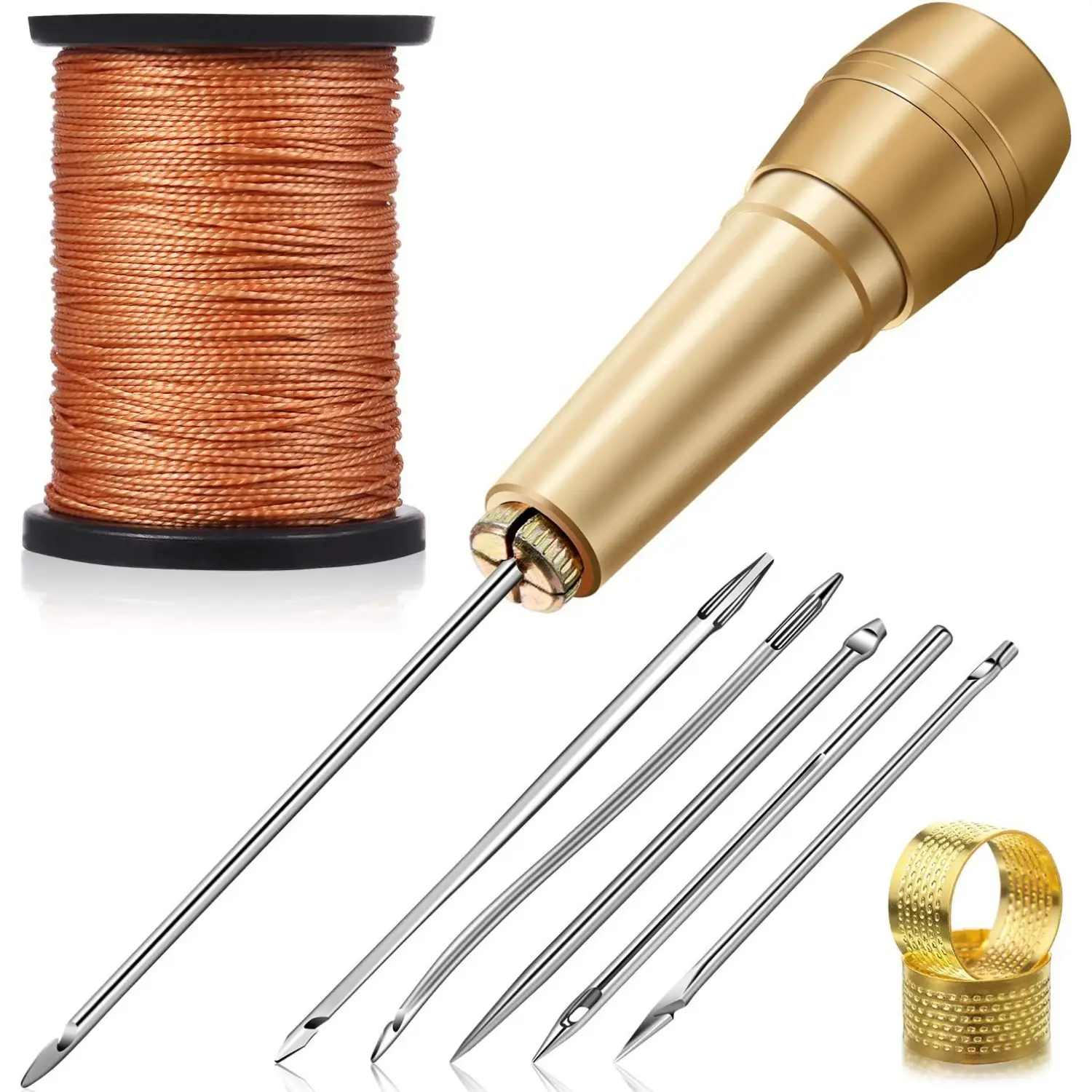 6Pcs Stainless Steel Awl Needle DIY Faux Leather Sewing Kit with Copper Handle for Canvas, Tent, and Shoe Repair - 50 m Nylon Thread and 2 Pc Thimble