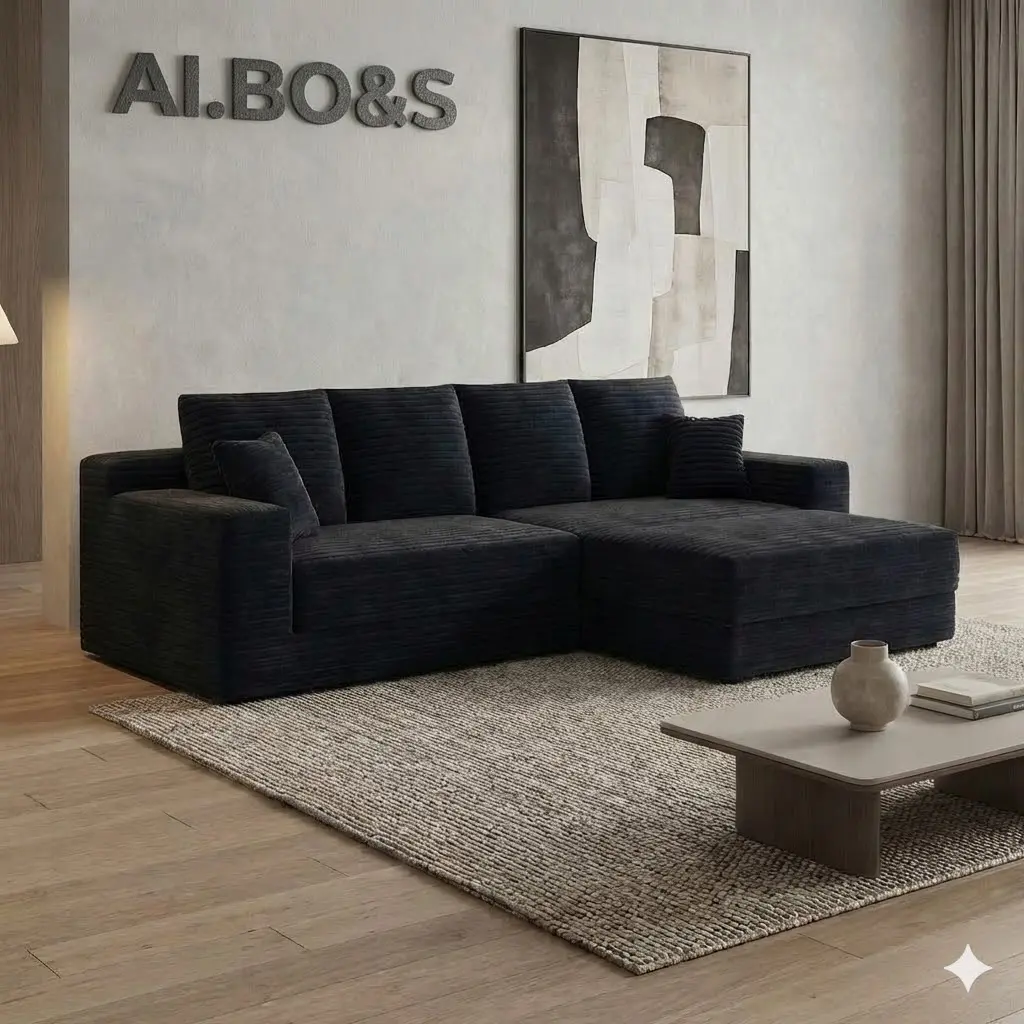 AI.BO&S Bold Modern Sturdy Black L-Shaped 3-Seater Sectional Cloud Sofa Set - Corduroy Cozy Fabric, Adjustable Arms, Convertible Sofabed, Stain-Resistant, Durable, Fully Assembled Industrial Indoor Living Room Furniture with Chaise, Fits Any Decor Style