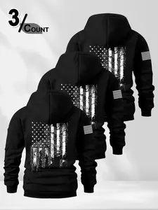 Men's Outdoor Street Style Hoodie Set, Half-Zip Sweatshirt, American Flag Print Design, Casual Loose Fit Long Sleeve