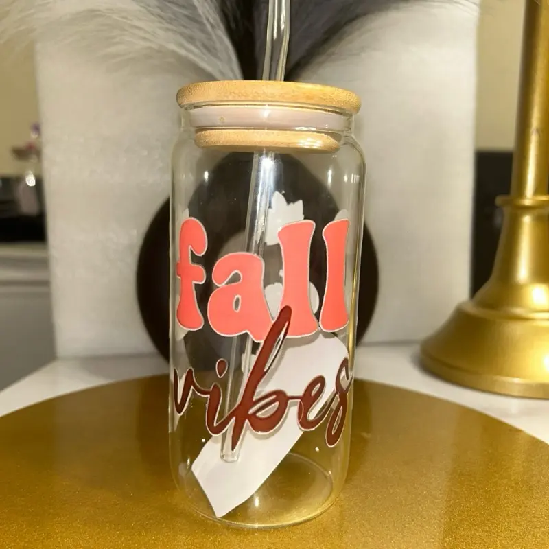 Cute Sips Cozy Fall Vibes Glass Tumbler with Wooden Lid Perfect for Autumn Drinks and Coffee