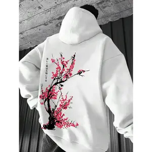 Men’s cherry blossom tree print hot-print hooded sweatshirt; autumn–winter casual loose long-sleeve letter-print hooded sweatshirt; men’s everyday wear GARMENTARY