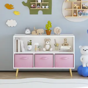 Kids Bookcase with Collapsible Fabric Drawers Children's Book Display Toy Storage Cabinet Organizer White Blue MDF Pine Legs Safety Buckle Modern Design