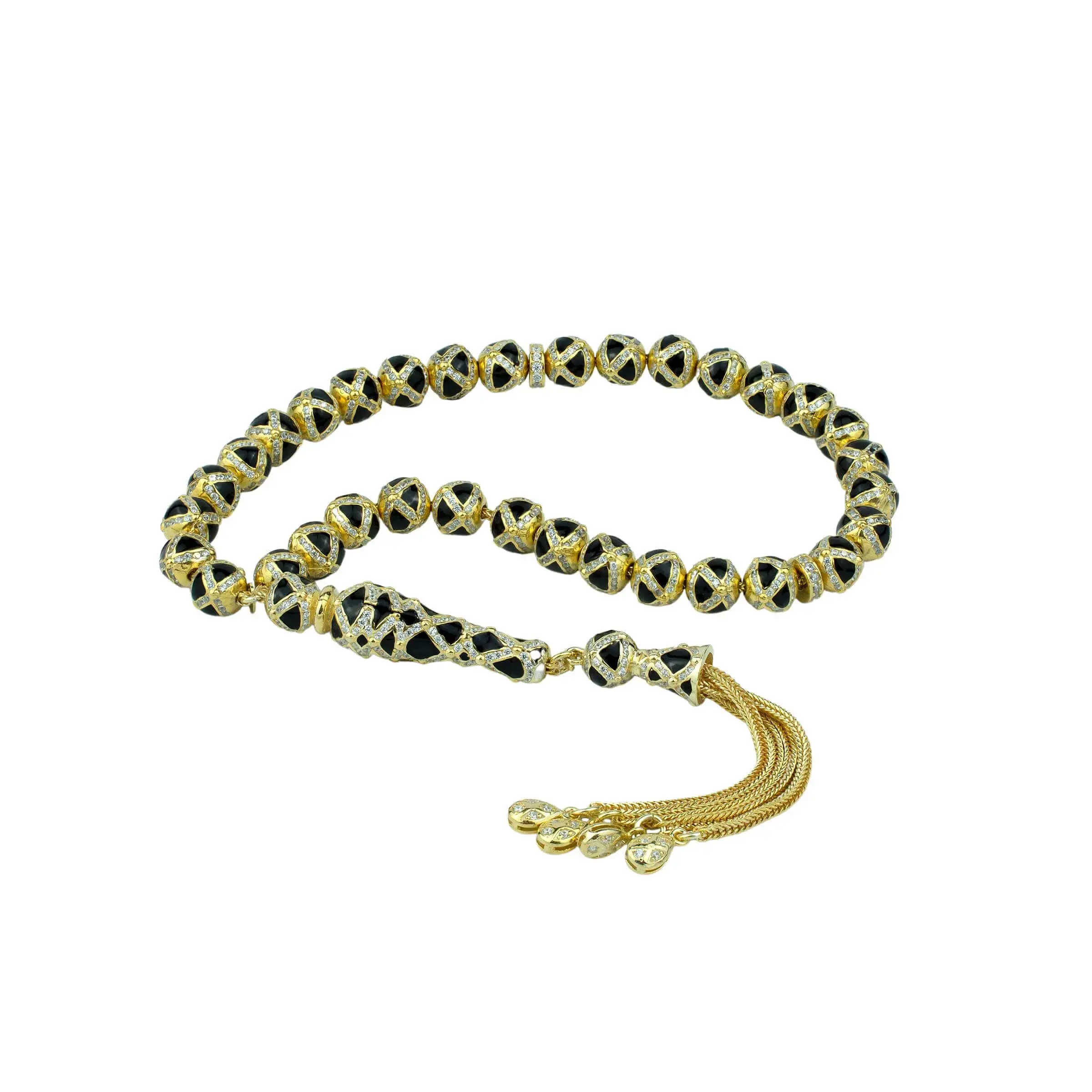 Gold Plated Sterling Silver 33 Beads Black Zirconia Paved Tasbih, Rosary Muslim Prayer Beads