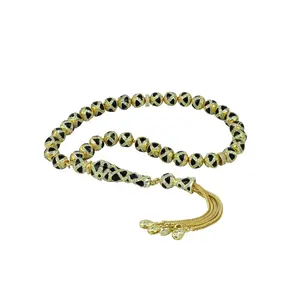 Gold Plated Sterling Silver 33 Beads Black Zirconia Paved Tasbih, Rosary Muslim Prayer Beads