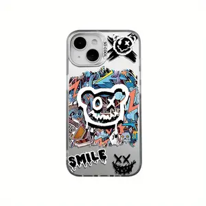 A colorful silver Doodle Bear phone case suitable for iPhone 17 16 15 14 13 12 11 PRO MAXPLUS, AIR and XR XS MAX 7 8Plus, stylish and elegant, perfect as an Easter gift