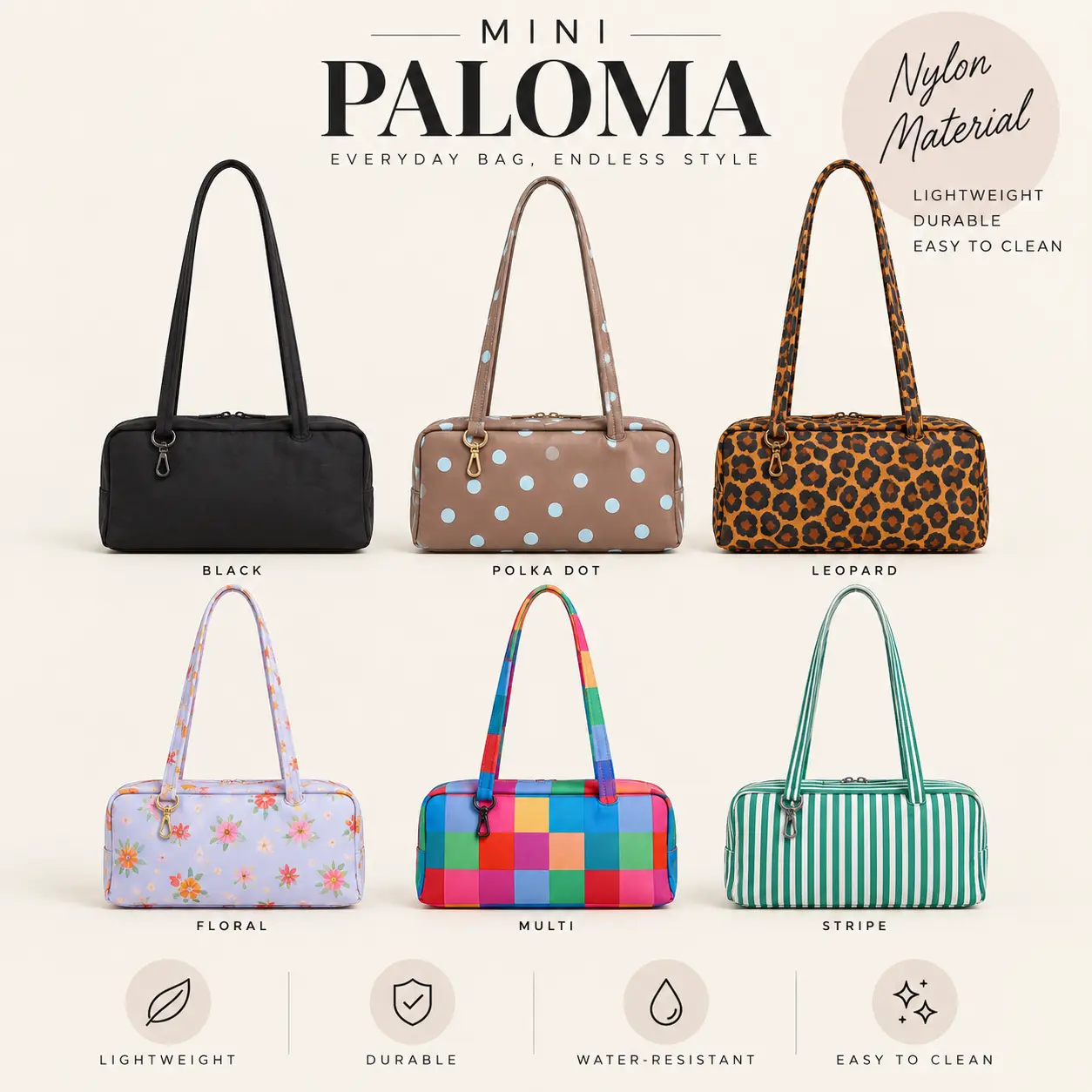 Ampere Creations Mini Paloma Nylon Bowler Bag - Women's Basic Shoulder Handbag with Double Handle, Zipper, Vibrant, Sporty, Stylish, Durable Fabric On-The-Go Accessory