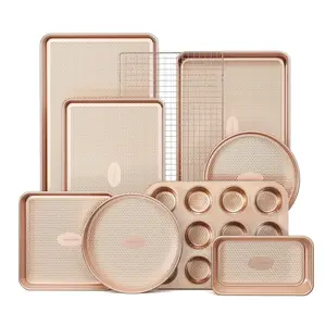 9-Piece Baking Pans Set Nonstick, Stackable Non Toxic Bakeware Sets with Diamond Texture, Oven Pan Set for Cooking, Includes Cookie Sheet with Rack, Cake Pan, Roasting Pan, Muffin Tin, Gold