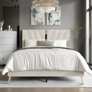 ChaletPosh Velvet Bed Frame - Geometric Headboard with Gold Acrylic Accents, Soft Velvet Upholstery, Solid Wood & Metal Frame