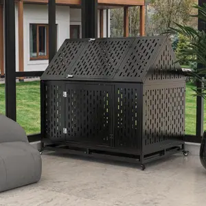 Heavy Duty 45” Indestructible Dog Crate with Roof, Dual Doors & Removable Trays