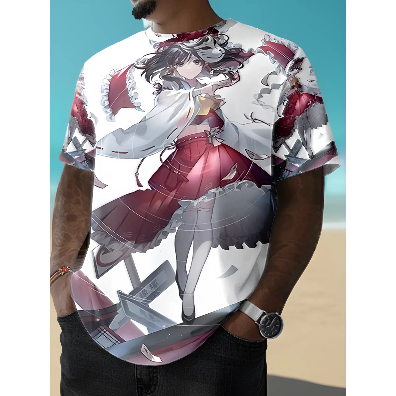 [Printed Design, No Texture, No Embroidery, No Sequins, No Denim, No Accessories, Slightly Sheer] Japanese-style Anime Print- Soft Round-neck Short-sleeve T-shirt Suitable for Daily and Outdoor Activities- All-season Casual Style, a Must-have for Fis