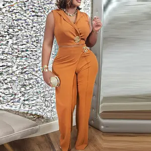 ChicMe 2 Pieces Outfit Sleeveless Notched Collar Button Decor Crop Vest and Casual Wedding Guest Faux Two Piece High Waist Wide Leg Pants Wedding Set