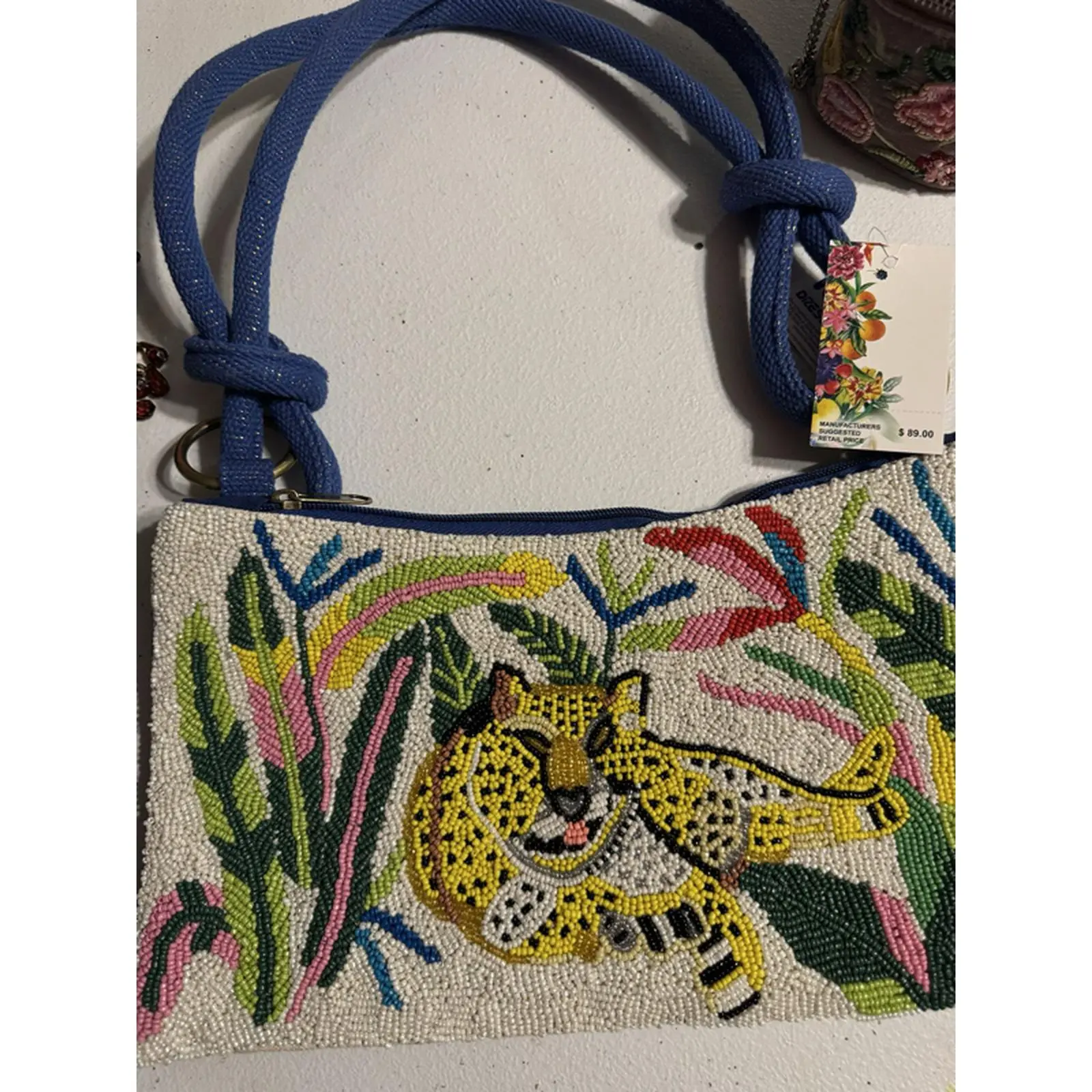 Jaguar Beaded Handbag with Blue Strap and Floral Design