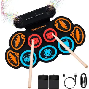Drum Set, 9-Pads Roll-Up Electric Drum Pad Kit with Headphone Jack 10Hrs Playtime Built-in Speaker with Drumsticks Pedals, Xmas Birthday  for Adults,Student (Colorful)