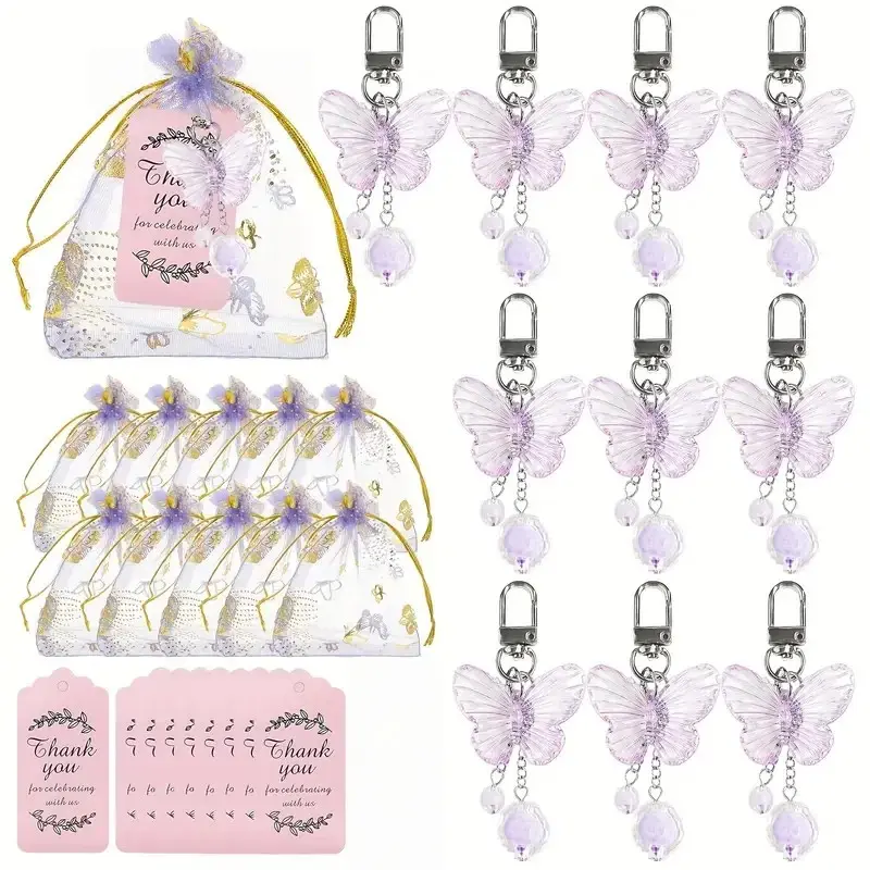 36pcs Butterfly Pendant Keychain Set, Includes 12 Keychains, 12 Organza Bags, 12 Thank You Cards, Perfect for Gifts & Decor