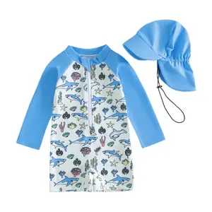 Toddler Boy Rash Guard Swimsuits Adorable Ocean Life Print Long Sleeve Round Neck Jumpsuit and Hat Set for Pool Beach