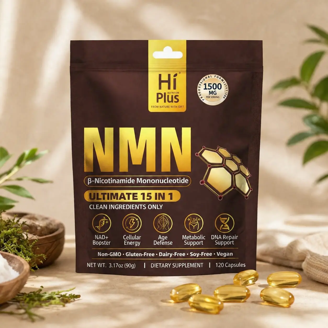 HiPlus NMN Complex Nutritional Supplement - 1500mg Per Serving, 15-1 Formula with 500mg NMN, Vitamin C, TMG, CoQ10 Antioxidant Support