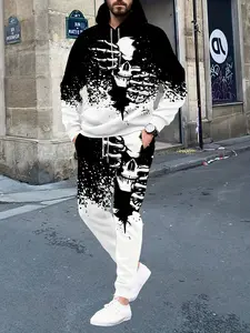 Men's casual fashion set 3D printed skull hoodie and sweatpants set, pullover hoodie, made of knitted fabric