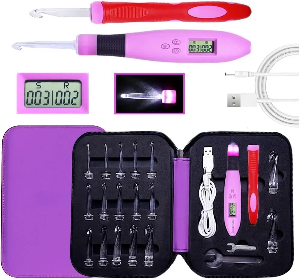 17 Sizes Digital Crochet Hooks with Counter 2.50~14.0mm, Lighted Crochet Hooks for Stitch & Row Counting