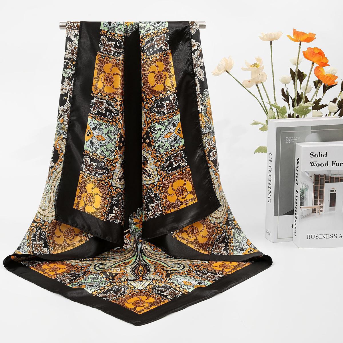 AWAYTR Women's 4-Pack Square Scarves Set - 35" Large Silk-Like Satin Floral Pattern Shawl, Matching Headscarf, Neck Scarf Bandana, Bandana Style Fashion Accessory
