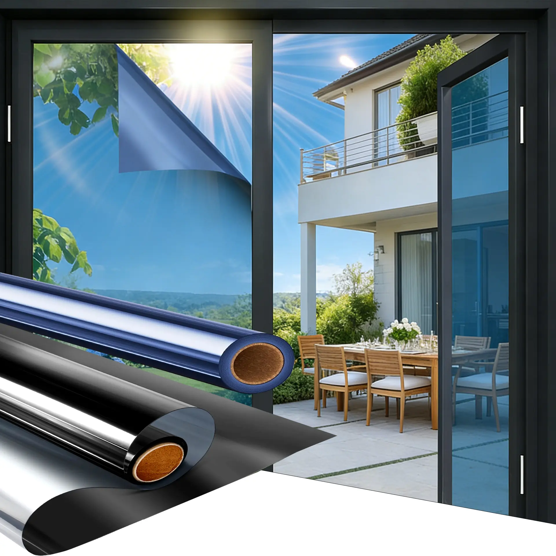 30cm/50cm Window Sun Blocking & Heat Insulation Film, One-Way Daytime Privacy Window Film, Heat & UV Blocking, Static Cling (No Adhesive), Suitable for Balcony, Living Room and Office, Magic Black / Dark Blue Silver summervibes Blackout fathersdaygiftidea