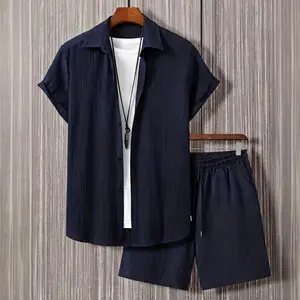 Men's 2-Piece Breathable Summer Casual Outfit - Shortsleeve Striped Shirt, Drawstring Beach Shorts