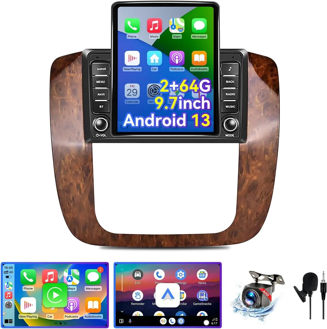 9.7 inch Car Radio for GMC Yukon/Chevy Suburban 2007-2012, 2+64G Android 13 Car Stereo Touchscreen with Wireless CarPlay Android Auto, Bluetooth,/WiFi/FM/GPS/SWC/Backup Camera