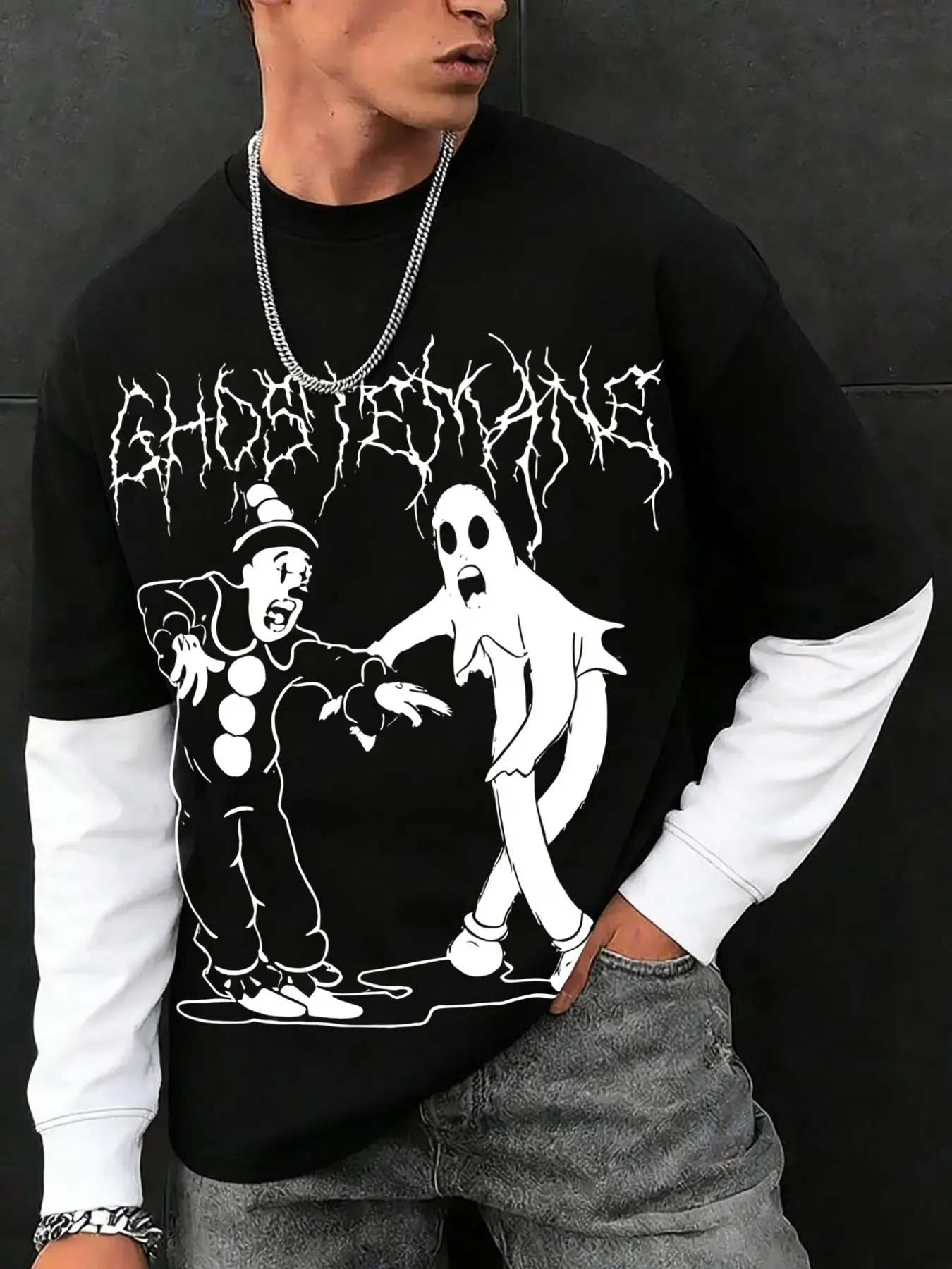 Men's Ghostemane Clown & Ghost Print Long Sleeve T-Shirt, 100% Cotton Soft Breathable Fabric, Round Neck Loose Fit, Street Style