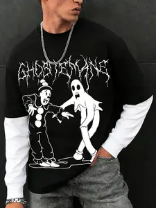 Men's Ghostemane Clown & Ghost Print Long Sleeve T-Shirt, 100% Cotton Soft Breathable Fabric, Round Neck Loose Fit, Street Style