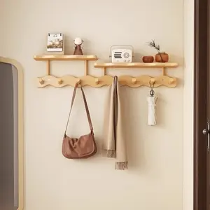 1pc Bamboo Wall-Mounted Coat Rack with Multiple Hooks, Polished Finish, Easy Installation, Multi-Functional Storage, Wall Organizer Shelf, Wall Mounted Organizer for Bedroom Living Room Entryway, Bags Hooks