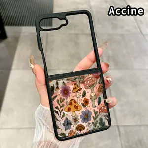 Mushroom - Floral Fantasy Pattern Protective Case for Z Flip 7/6/5/4, Double Protection Transparent Silicone TPU Foldable Cover with Camera Lens Guard