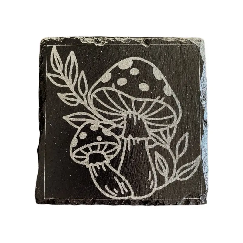 Mushroom Slate Laser Engraved Coaster - 4" Square, Non-Slip Padded, Classic Design, Protective Coating, Elegant and Timeless, Perfect for Drinks Tableware