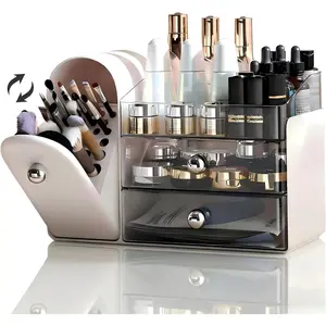 Large White Vanity Makeup Organizer with Covered Brush Holder and Drawer - Multifunctional Storage for Bathroom Skin Care and Dresser Makeup Organization