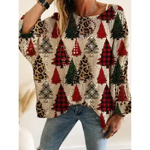 Women's Elegant Off-Shoulder Sweater ?C One-Shoulder Batwing Top with Christmas Tree Print, Loose Fit Long Sleeve Pullover for Holiday Parties & Everyday Wear