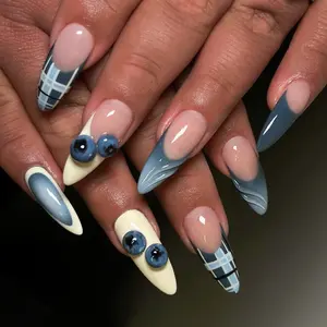 S68 Blueberry Mood Press-On Nails, 3D Blueberries, Blue Gradient,Plaid Art, Cream Base, Custom Press-On Nail, Summer, Gifts for Her, Solana Nails Town