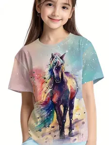 Girls' Fashion Gradient Dreamy Little Pony T-Shirt, Cartoon Girl Print Summer Short Sleeve, Casual Loose-Fitting Top Without Collar