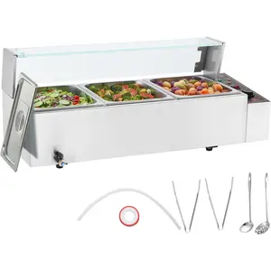 VEVOR 3-Pan Commercial Food Warmer, 3 x 8QT Electric Steam Table with Glass Cover, 1500W Countertop Stainless Steel Buffet Bain Marie 86-185 ° F Temp Control for Catering, Restaurants, Silver