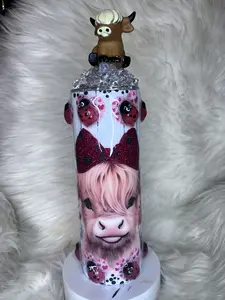 Glittered Stainless Steel Hi-Land Cow Drinkware with 3D Lady Bugs & Lid Topper Unique Whimsical Design for Quirky Drinkware Enthusiasts 20 or 30 ounce Tumbler Stylish Beverage Mug Flasks Portable