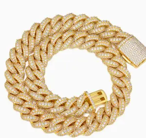 M3-9060 Big Heavy Fully Encrusted Crystal Miami Cuban Chain, Gold Plated Bling Choker with Full Stone Box Clasp, Hip Hop Street Jewelry Gift for Rappers