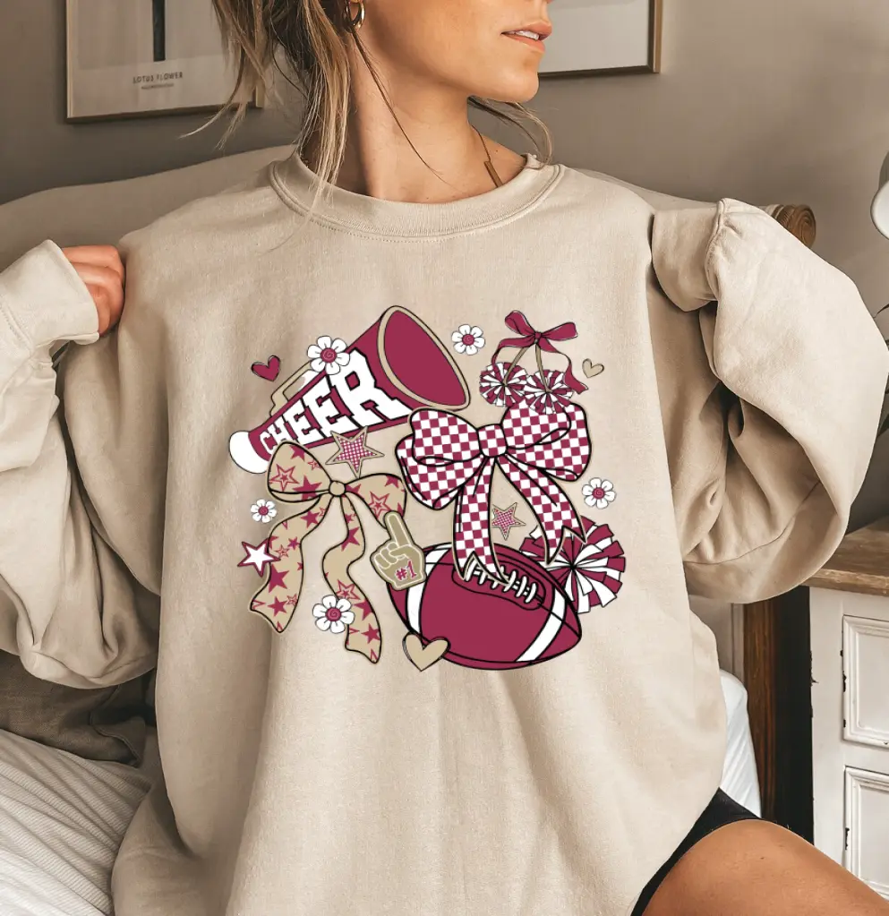 Game Day Cheerleader Coquette Sweatshirt, Cute Football Graphic Crewneck, Bow Cheerleading Pullover, Cheer Mom Apparel, Sports Fan Team Spirit Shirt, Cheer Squad Gift for Women