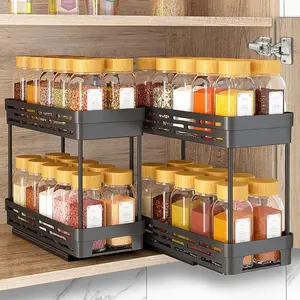 2 Pack Pull Out Spice Rack Organizer for Cabinet, Slide Out Spice Racks Organizer, Spice Cabinet Organizers, Cabinet Size Need:12'' Highx11'' Deepx5'' Wide,Hold 10 Spice Jar Each Tier-2Tier